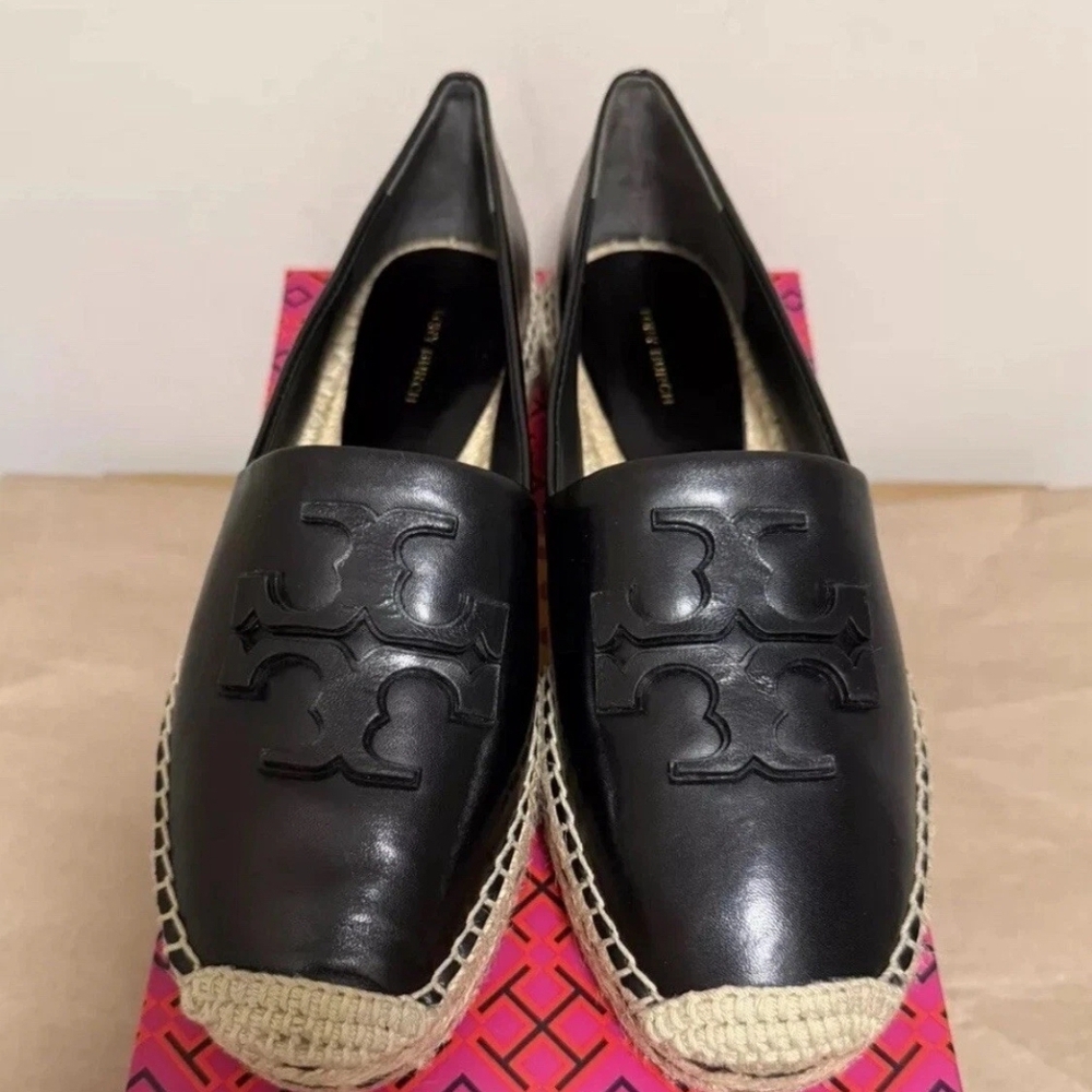 TORY BURCH Black Leather Espadrille Slip-On Flats with Logo Detail